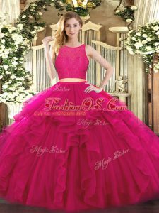 Vintage Sleeveless Tulle Floor Length Zipper Vestidos de Quinceanera in Fuchsia with Ruffles