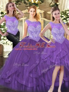 Purple 15th Birthday Dress Military Ball and Sweet 16 and Quinceanera with Beading and Ruffles Scoop Sleeveless Zipper