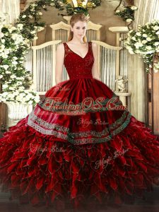 V-neck Sleeveless Backless Ball Gown Prom Dress Wine Red Organza