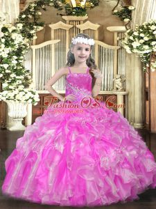 Low Price Rose Pink Sleeveless Organza Lace Up Little Girl Pageant Dress for Party and Sweet 16 and Quinceanera and Wedding Party