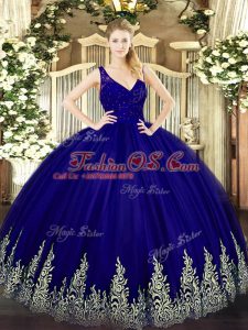 Royal Blue Ball Gowns V-neck Sleeveless Tulle Floor Length Zipper Beading and Appliques Quinceanera Dresses