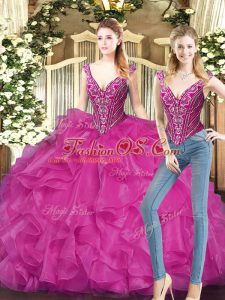 Beauteous Fuchsia V-neck Neckline Ruffles Sweet 16 Quinceanera Dress Sleeveless Lace Up