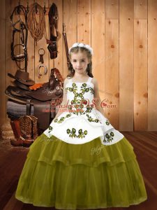 Straps Sleeveless Lace Up Little Girl Pageant Dress Olive Green Tulle