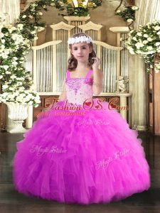 Fuchsia Straps Lace Up Beading and Ruffles Kids Pageant Dress Sleeveless