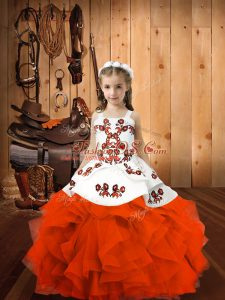 Excellent Orange Red Glitz Pageant Dress Sweet 16 and Quinceanera with Embroidery Straps Sleeveless Lace Up