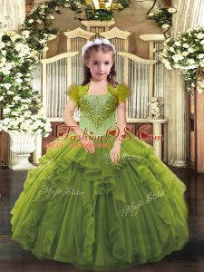 Lovely Organza Straps Sleeveless Lace Up Beading and Ruffles Pageant Dress Toddler in Olive Green