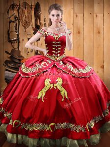 Popular Red Lace Up Off The Shoulder Beading and Embroidery Vestidos de Quinceanera Satin and Organza Sleeveless