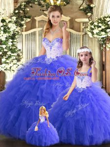 Blue Lace Up Sweet 16 Dresses Beading and Ruffles Sleeveless Floor Length