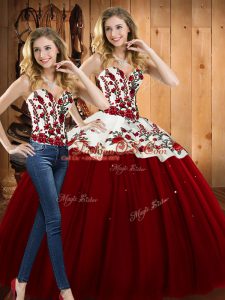 Romantic Floor Length Lace Up 15th Birthday Dress Wine Red for Military Ball and Sweet 16 and Quinceanera with Embroidery