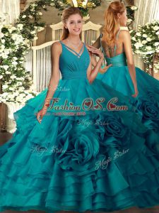 V-neck Sleeveless Quinceanera Dresses With Train Sweep Train Ruffles Teal Fabric With Rolling Flowers
