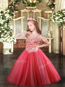 Spaghetti Straps Sleeveless Lace Up Kids Pageant Dress Coral Red Tulle