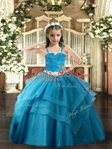 Baby Blue Lace Up Little Girl Pageant Dress Appliques and Ruffled Layers Sleeveless Floor Length