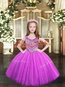 Customized Sleeveless Tulle Floor Length Lace Up Child Pageant Dress in Lilac with Beading
