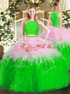 Eye-catching Multi-color Two Pieces Scoop Sleeveless Tulle Floor Length Zipper Ruffles Ball Gown Prom Dress