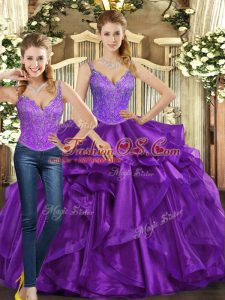 Purple Straps Neckline Beading and Ruffles Quinceanera Gowns Sleeveless Lace Up