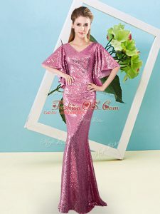 Pink Zipper Sequins Half Sleeves Floor Length