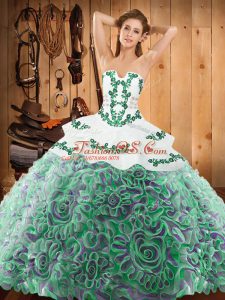 Fitting Multi-color Satin and Fabric With Rolling Flowers Lace Up Sweet 16 Dresses Sleeveless With Train Sweep Train Embroidery