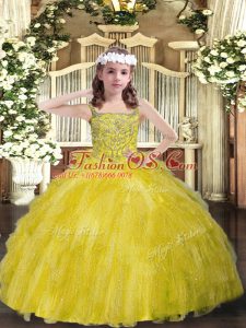 Yellow Green Organza Lace Up Kids Formal Wear Sleeveless Floor Length Beading and Ruffles