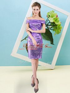 Beautiful Column/Sheath Dress for Prom Lavender Off The Shoulder Sequined Short Sleeves Floor Length Zipper