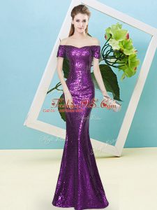 Dramatic Purple Short Sleeves Floor Length Sequins Zipper Prom Party Dress