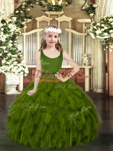Olive Green Zipper Little Girl Pageant Gowns Beading and Ruffles Sleeveless Floor Length