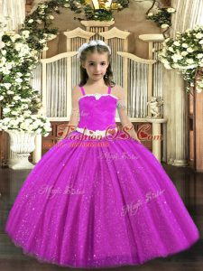 Custom Fit Straps Sleeveless Zipper Little Girls Pageant Dress Fuchsia Tulle