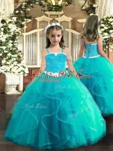 Latest Aqua Blue Lace Up Little Girls Pageant Gowns Appliques and Ruffles Sleeveless Floor Length