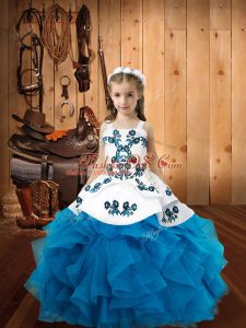 Sleeveless Organza Floor Length Lace Up Little Girls Pageant Gowns in Baby Blue with Embroidery and Ruffles