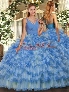 Fabulous Floor Length Backless Ball Gown Prom Dress Blue for Sweet 16 and Quinceanera with Beading and Ruffled Layers