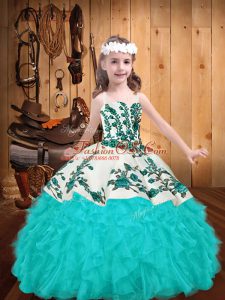 Sleeveless Organza Floor Length Zipper Little Girl Pageant Gowns in Aqua Blue with Embroidery and Ruffles