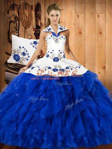 Blue And White Sleeveless Floor Length Embroidery and Ruffles Lace Up Sweet 16 Dresses