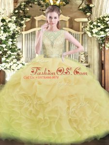 Custom Design Yellow Green Ball Gowns Lace and Ruffles 15 Quinceanera Dress Backless Organza Sleeveless Floor Length