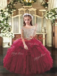 Low Price Fuchsia Organza Lace Up Kids Formal Wear Sleeveless Floor Length Beading and Ruffles
