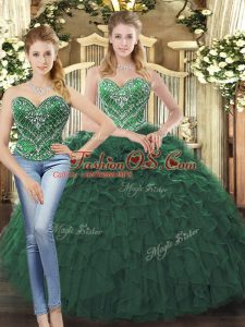 Affordable Sweetheart Sleeveless Lace Up Quinceanera Dresses Dark Green Tulle