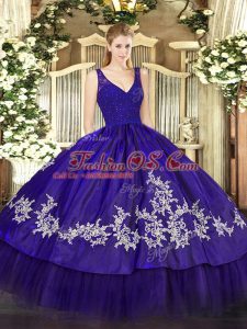 Purple Backless 15th Birthday Dress Beading and Lace and Appliques Sleeveless Floor Length