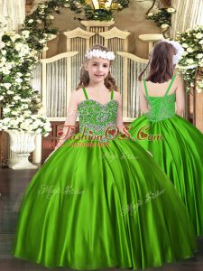 Lovely Satin Straps Sleeveless Lace Up Beading Kids Pageant Dress in Green