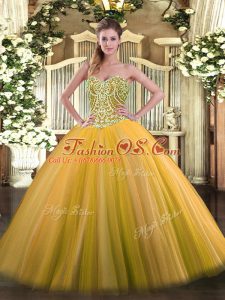 Affordable Beading Sweet 16 Dresses Gold Lace Up Sleeveless Floor Length