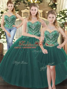 Superior Tulle Sweetheart Sleeveless Lace Up Beading 15 Quinceanera Dress in Dark Green