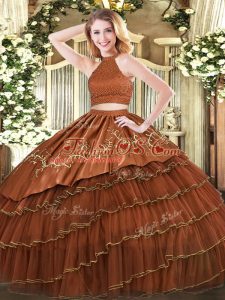 Graceful Floor Length Backless Sweet 16 Dress Brown for Military Ball and Sweet 16 and Quinceanera with Beading and Embroidery and Ruffled Layers