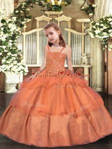 Straps Sleeveless Organza Child Pageant Dress Beading and Ruffled Layers Lace Up