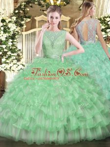 Glamorous Sleeveless Tulle Floor Length Backless Quinceanera Dress in Apple Green with Beading and Ruffled Layers