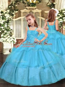Ball Gowns Little Girls Pageant Dress Wholesale Aqua Blue Straps Organza Sleeveless Floor Length Lace Up