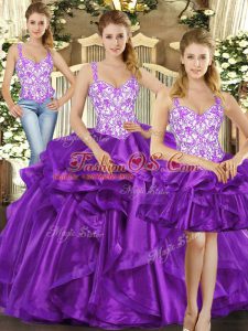 Custom Design Beading and Ruffles Quinceanera Dress Eggplant Purple Lace Up Sleeveless Floor Length