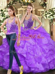 Floor Length Eggplant Purple and Purple 15th Birthday Dress Straps Sleeveless Lace Up