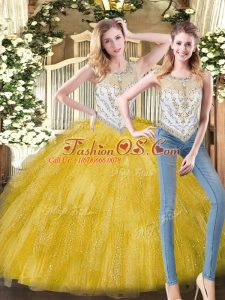Glorious Yellow Ball Gowns Organza Scoop Sleeveless Beading and Ruffles Floor Length Zipper Sweet 16 Dresses