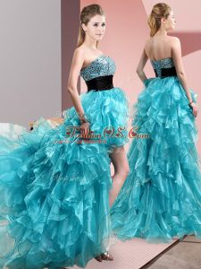 Classical Sleeveless High Low Beading and Ruffles Lace Up Prom Gown with Aqua Blue