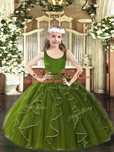 Cute Olive Green Ball Gowns Beading and Ruffles Pageant Gowns For Girls Zipper Organza Sleeveless Floor Length