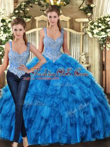 Ball Gowns Sweet 16 Dress Teal Straps Tulle Sleeveless Floor Length Lace Up