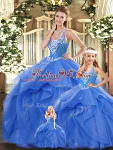 Hot Sale Floor Length Lace Up Quinceanera Gowns Blue for Military Ball and Sweet 16 and Quinceanera with Beading and Ruffles