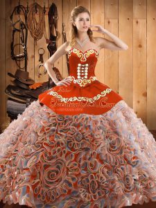 Dynamic Multi-color Ball Gowns Satin and Fabric With Rolling Flowers Sweetheart Sleeveless Embroidery With Train Lace Up Quinceanera Gown Sweep Train